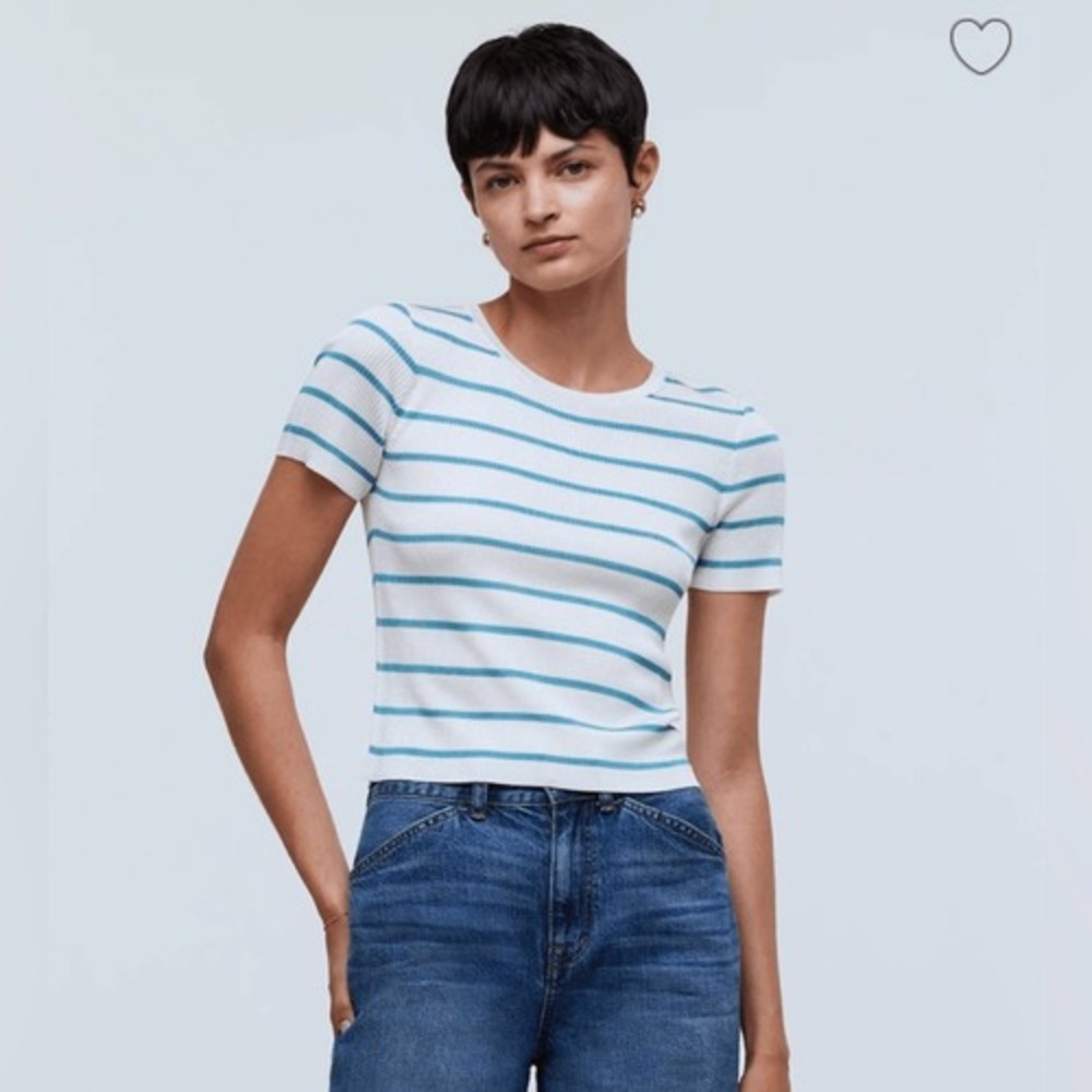 Madewell Cropped Crewneck Sweater Tee Ribbed Striped Blue white sz small NWOT